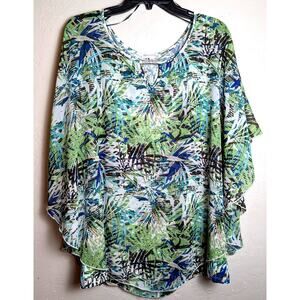 Notations 2X Top 2-4-1 Poncho Over Smooth Knit Tank Shirt Keyhole Neck Green